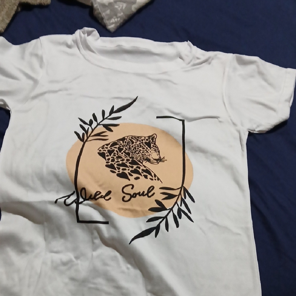 White Graphic Tee with Leopard Design For   Women Skin Peach